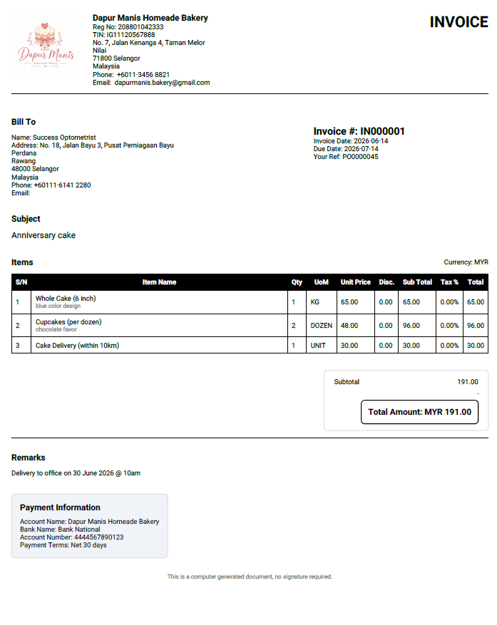 Professional invoice sample 1