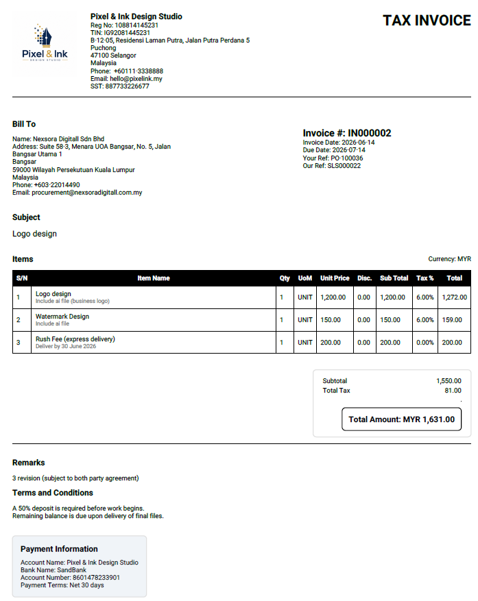 Professional invoice sample 2