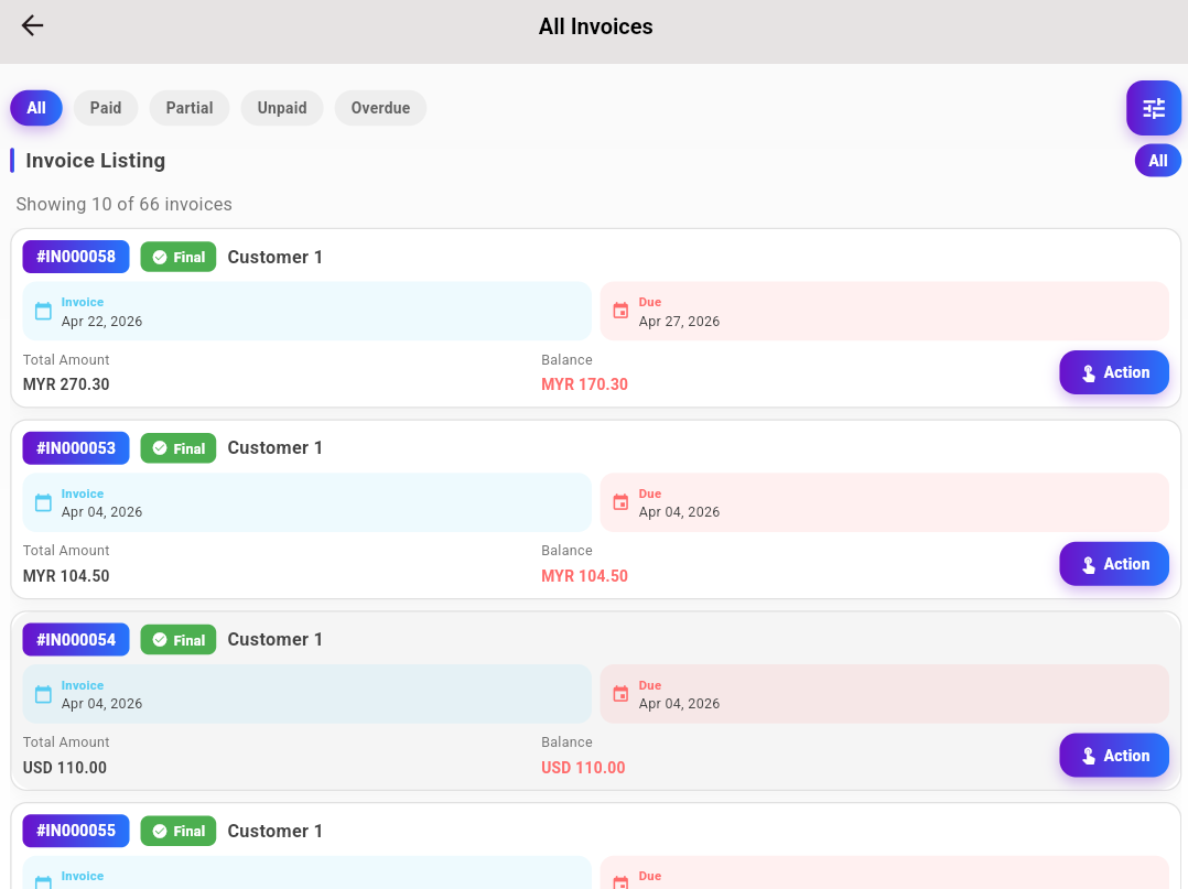 Easykey invoice listing showing paid, unpaid, and overdue statuses